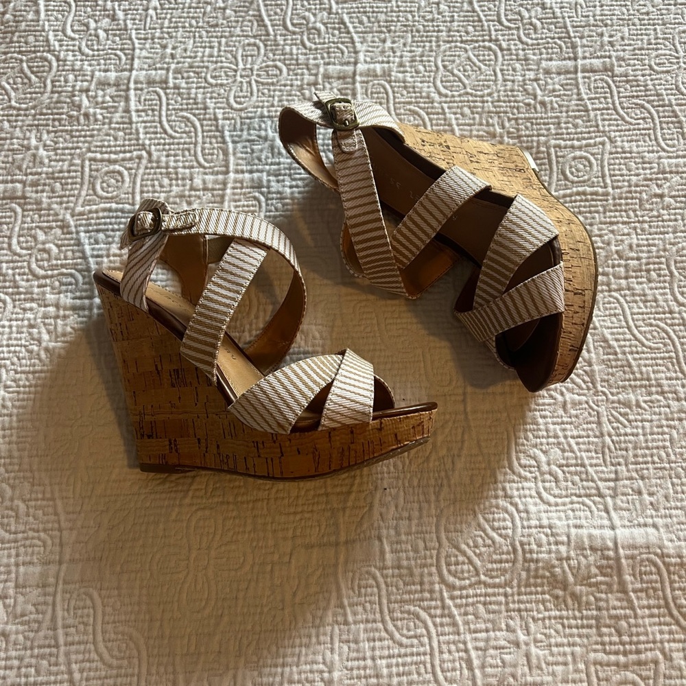 Chinese Laundry Cream and Brown Wedge Sandals